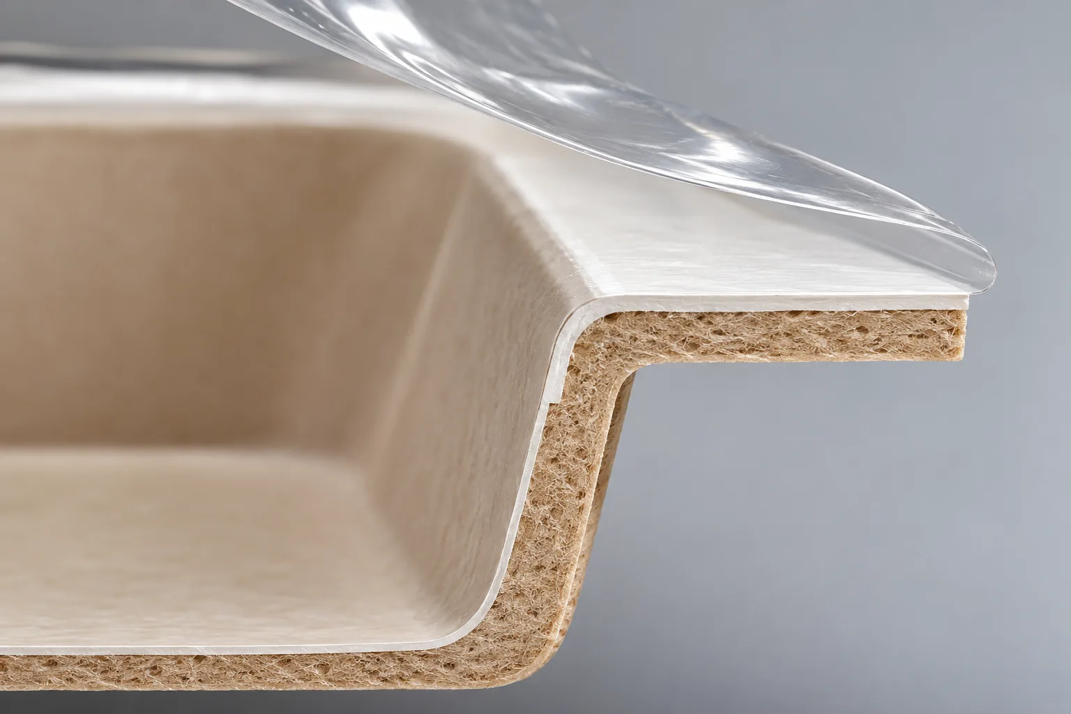 Coupe d'un rebord de carton enduit avec un film d'operculage soulevé au-dessus de la surface de scellage.