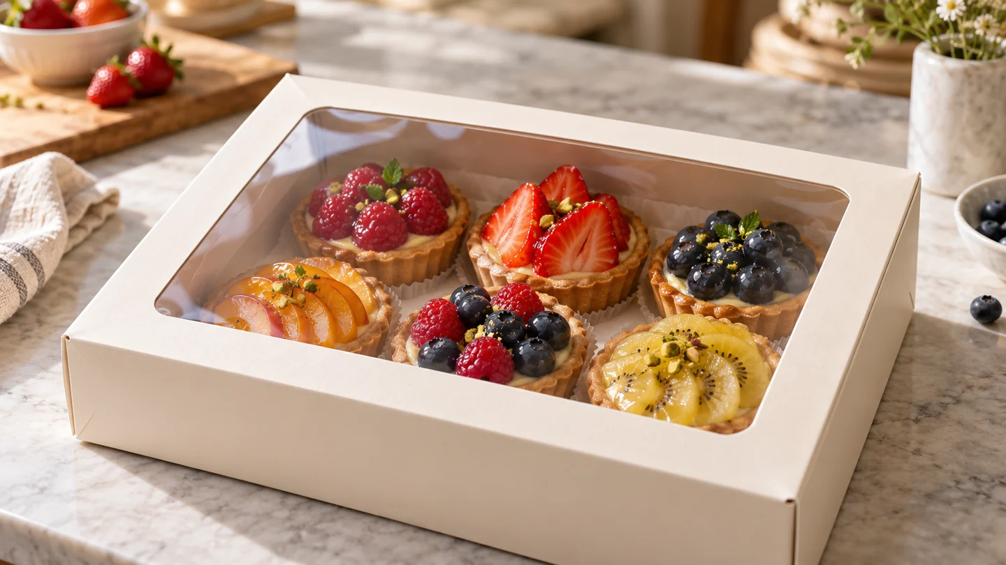 Tartelettes dans une boîte blanche à fenêtre sur un comptoir.