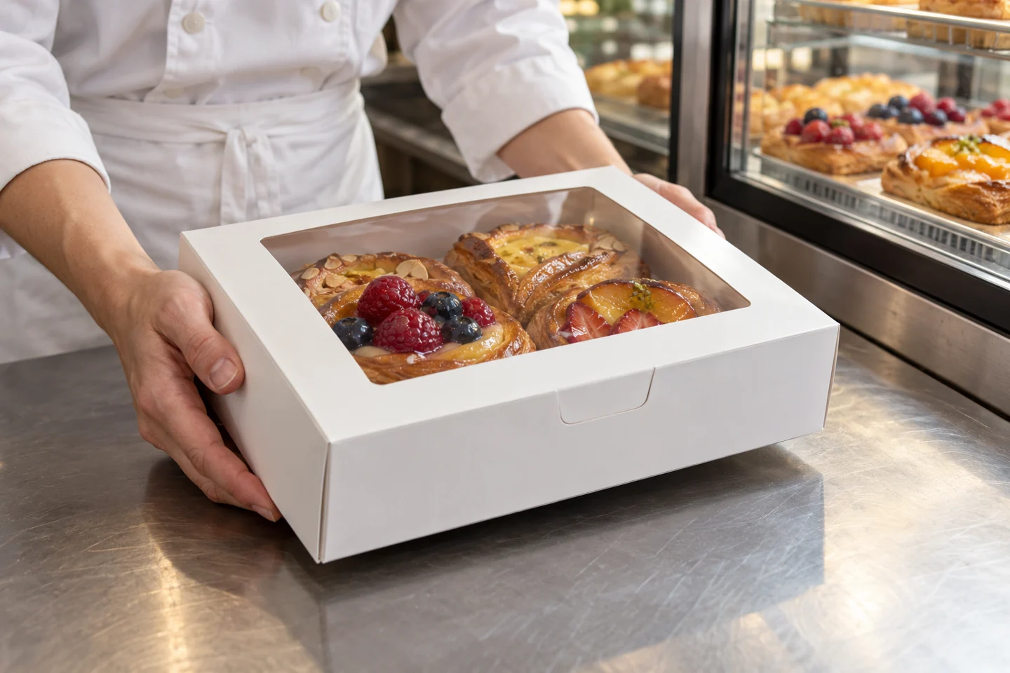 Mains autour d’une boîte de pâtisseries devant une vitrine.