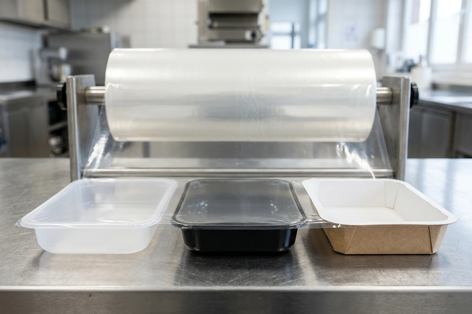Bobine de film d'operculage transparent déroulée au-dessus de trois rebords de barquettes en polypropylène translucide, CPET noir et carton enduit sur une table en inox