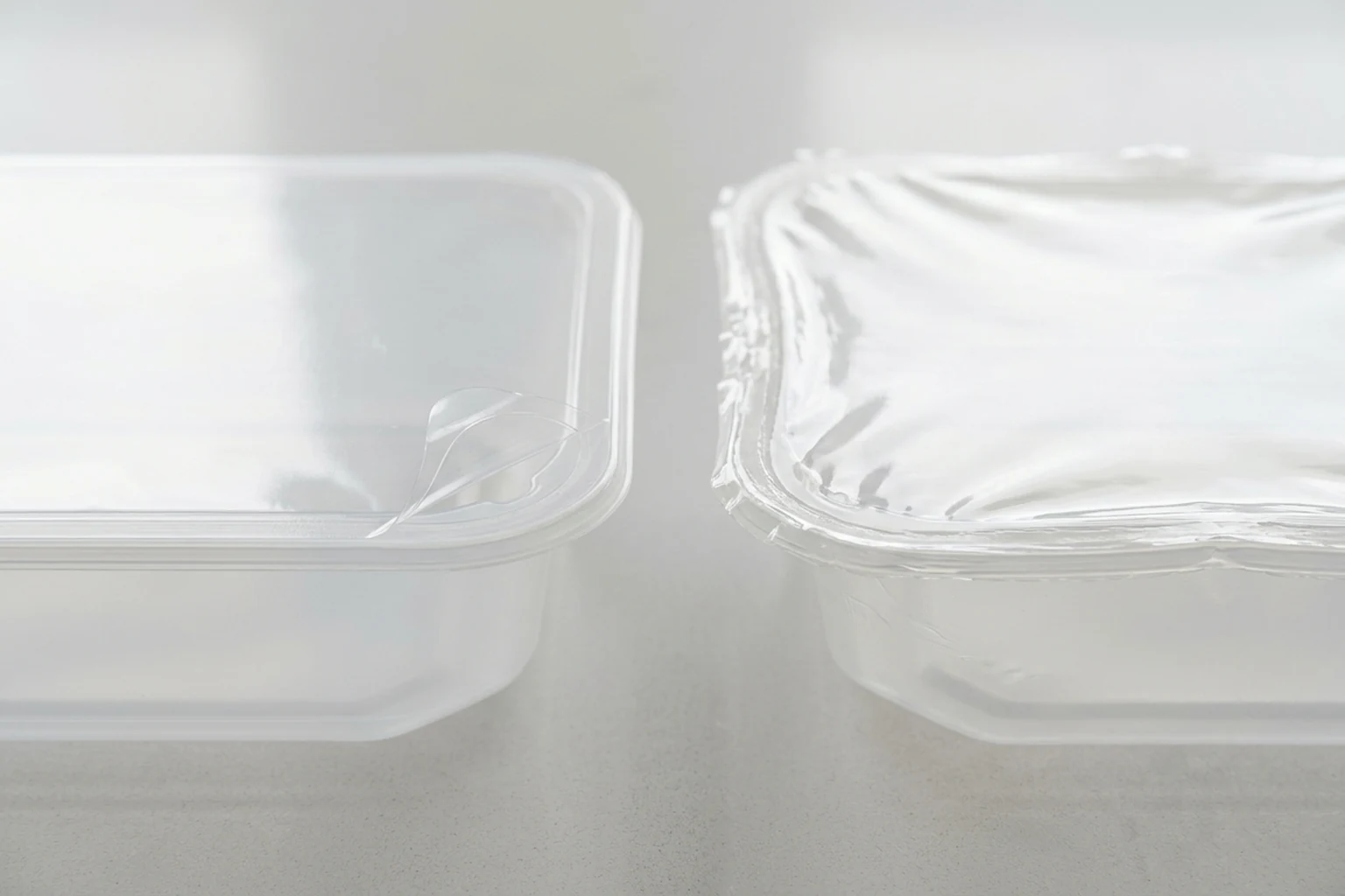 Comparaison en gros plan de deux barquettes en polypropylène après thermoscellage : à gauche un cordon de soudure plat avec coin pelable soulevé net, à droite un rebord mince ondulé par excès de chaleur