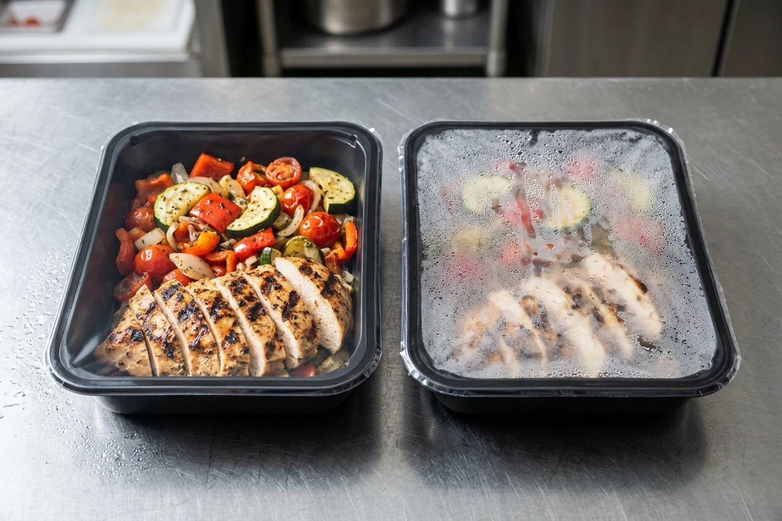Deux barquettes noires scellées contenant du poulet grillé et des légumes sur un comptoir réfrigéré en inox : à gauche visibilité nette à travers un film anti-buée, à droite film opacifié par des gouttelettes de condensation