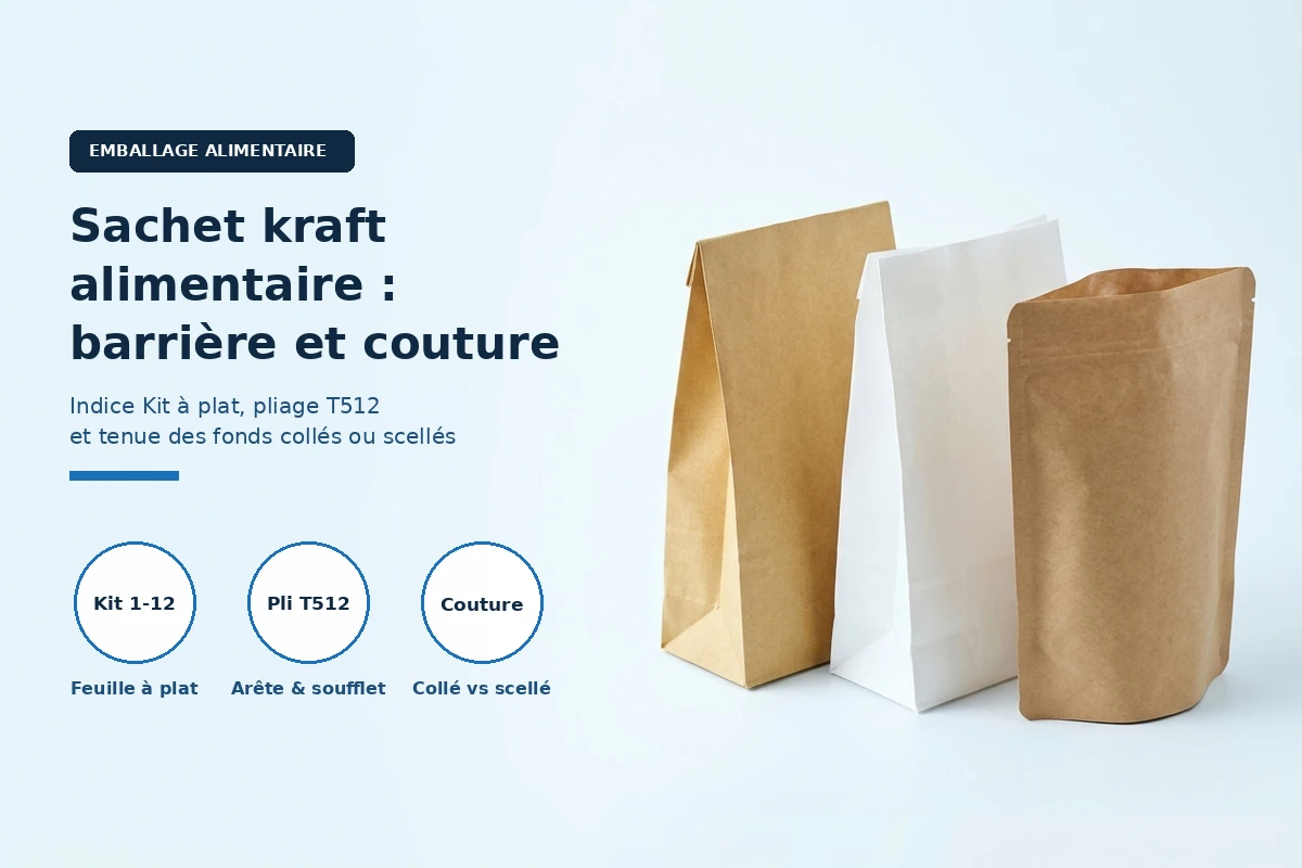 Sachets kraft alimentaires sans marque sur un comptoir d'essai illustrant la barrière à la graisse, le pliage et la couture de fond
