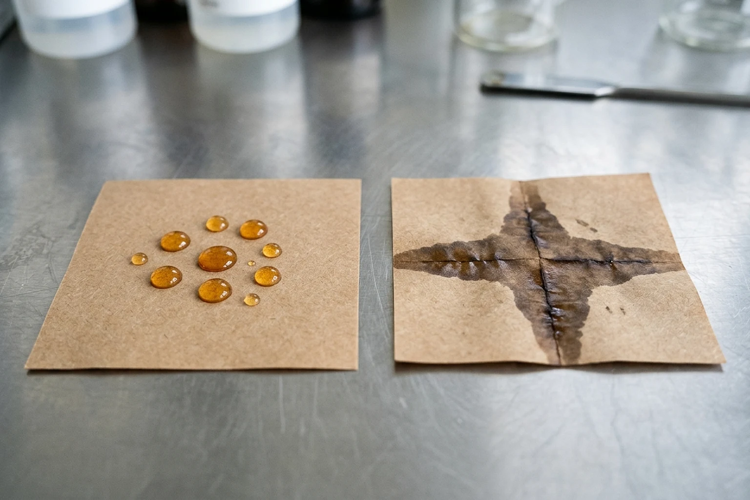 Comparaison sur table en inox entre une feuille de papier kraft plane où l'huile perle et une feuille pliée présentant une tache de graisse le long du pli