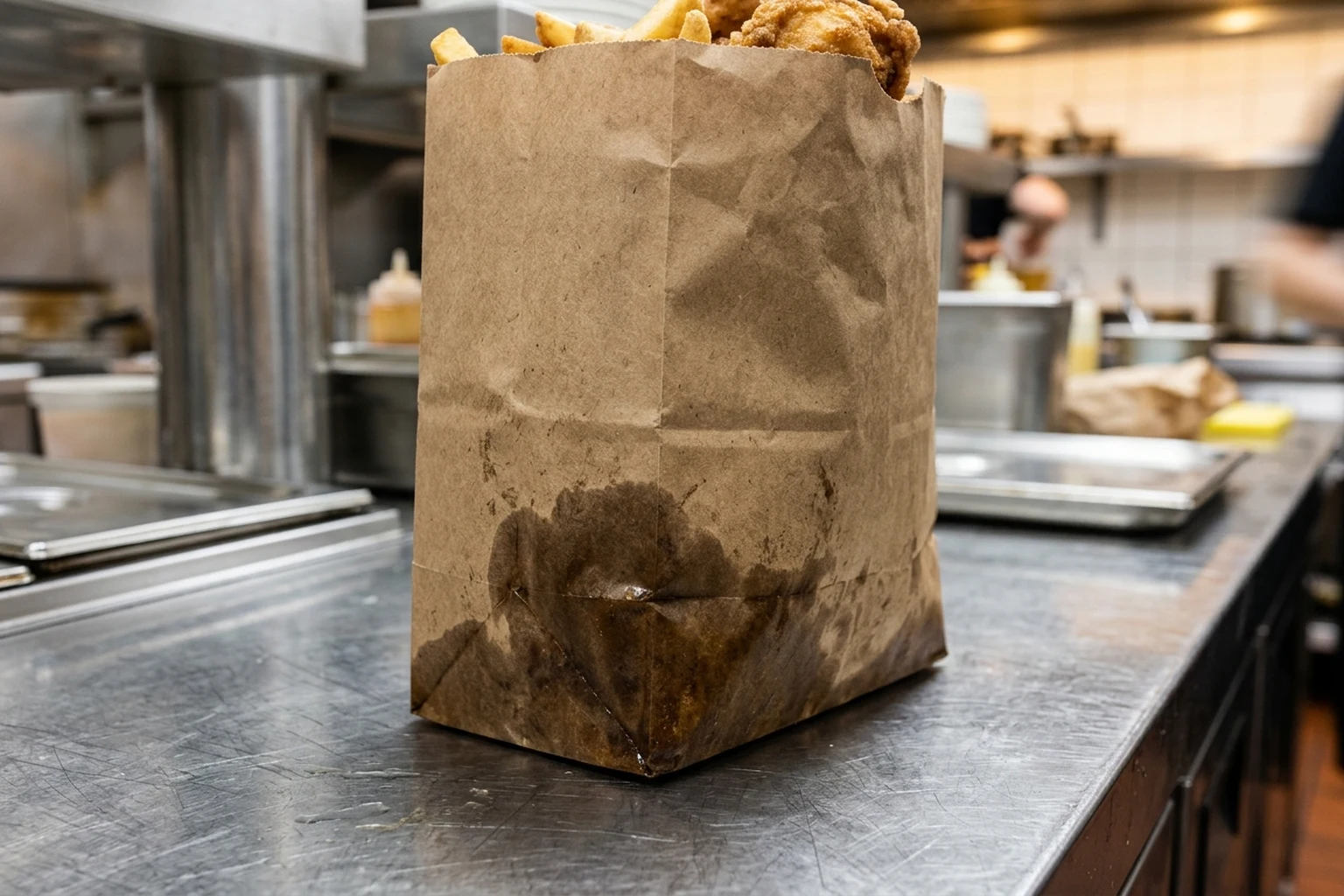 Gros plan du fond et du soufflet latéral d'un sachet kraft brun sur un comptoir en inox avec une tache de graisse concentrée au coin inférieur et sur la couture