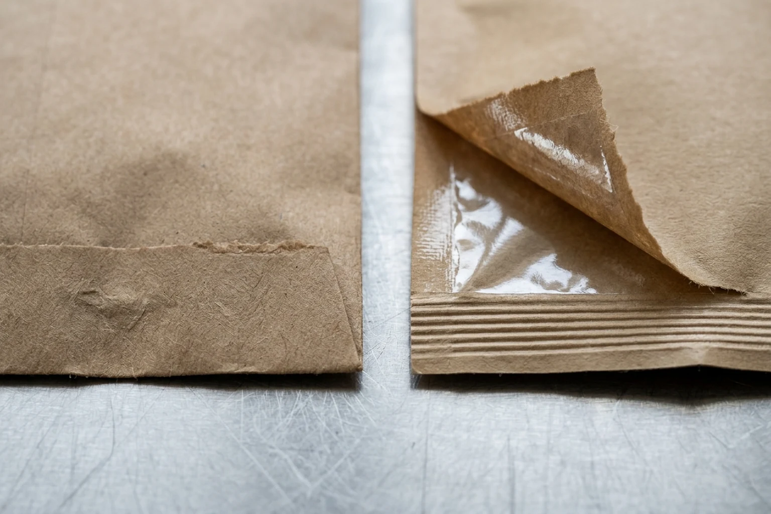 Comparaison côte à côte sur table en inox entre un sachet kraft à fond replié collé et un sachet kraft doublé d'un film intérieur à couture thermoscellée
