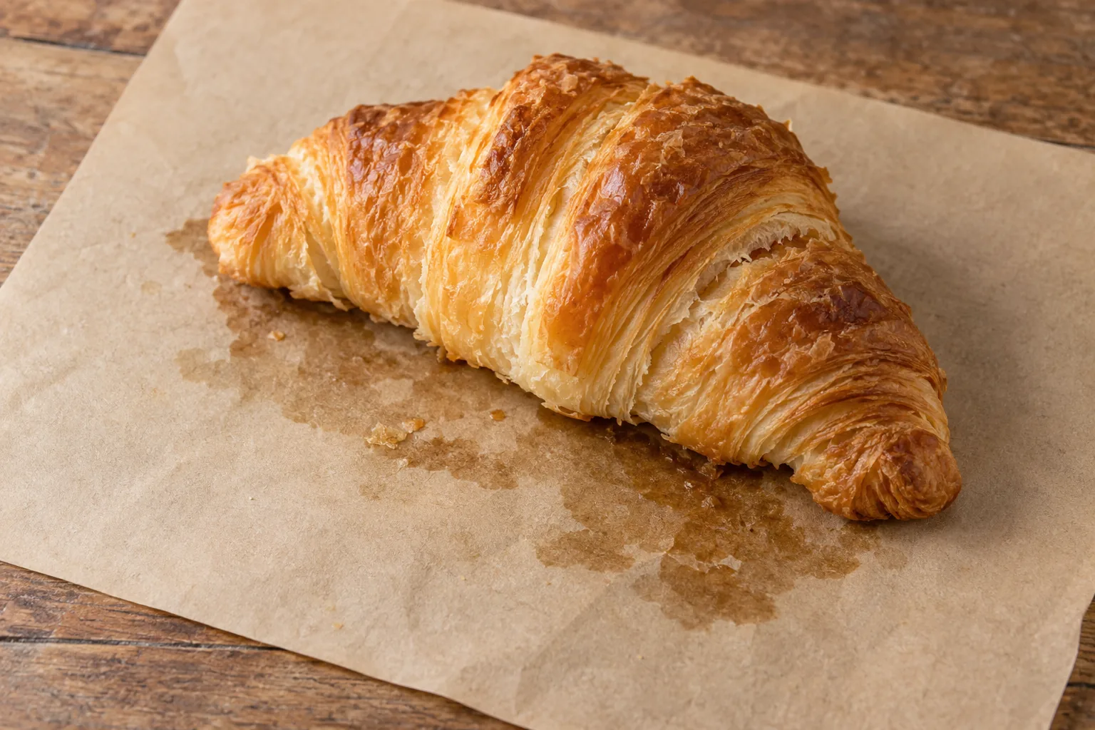 Un croissant entier sur une feuille de papier brun, avec une tache translucide de beurre sous la pâte.
