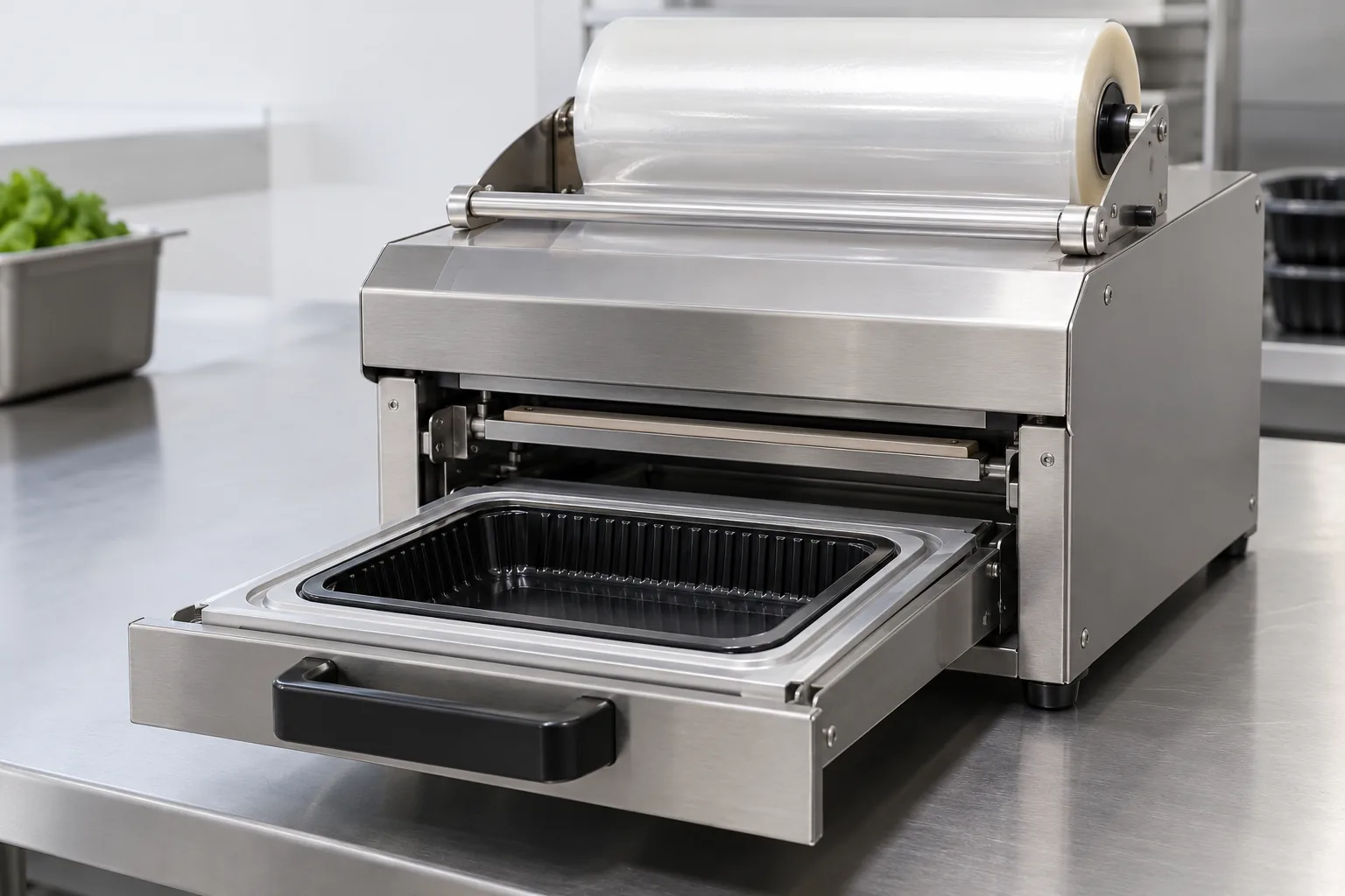 Thermoscelleuse de comptoir sans marque, tiroir ouvert, avec une barquette vide prête à être chargée.