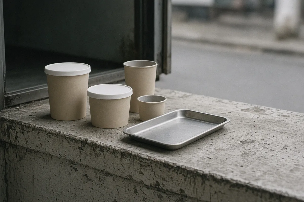 Frites, fromage en grains et sauce dans un contenant simple, sans nom de restaurant