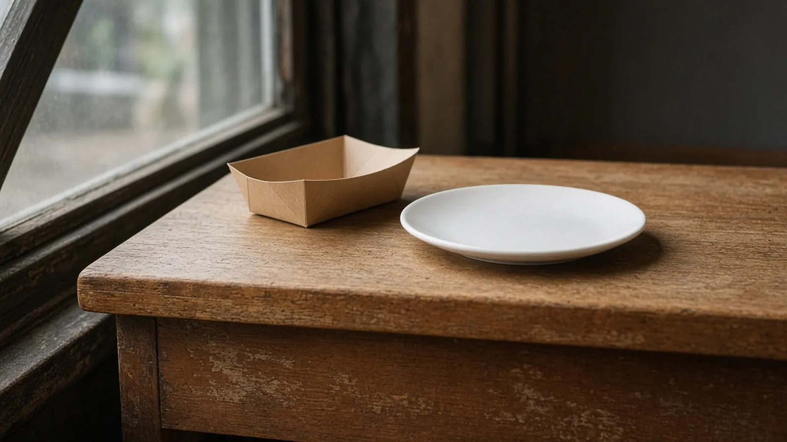 Comptoir de cuisine avec contenants alimentaires vides, sans marque ni visage